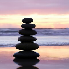 Stacked stones on beach at dusk, calming balance with sunset hues and gentle waves in serene nature setting