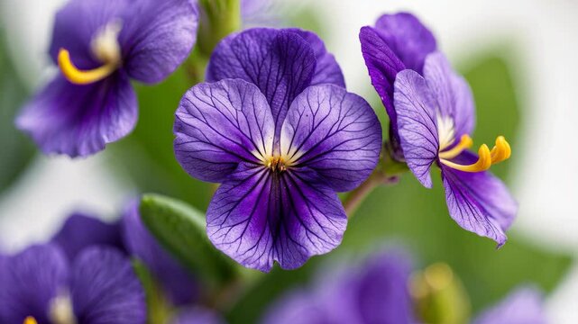 African violet or violet blooms in close-up. Flowering violets set against a white backdrop. Macro video of homegrown blooms.