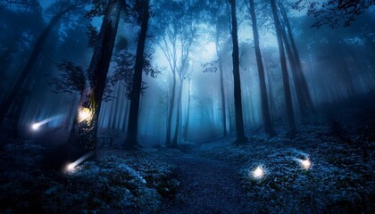 gloomy fantasy forest scene at night with glowing lights