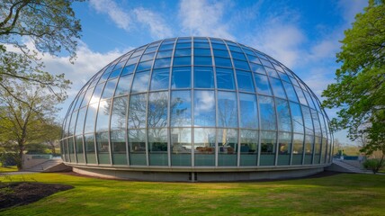 Obraz premium A modern, domed glass structure stands amidst a lush green landscape, reflecting the sky and surrounding trees in its windows.
