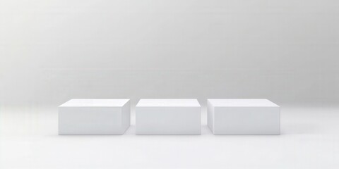 Three minimalist white boxes arranged on a smooth surface, set against a soft, neutral background, suggesting a modern display for product presentation or artistic showcase