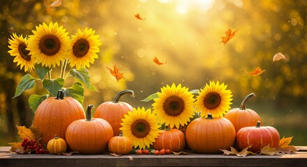 Golden Autumn Harvest: Sunflowers and Pumpkins in Sunlight