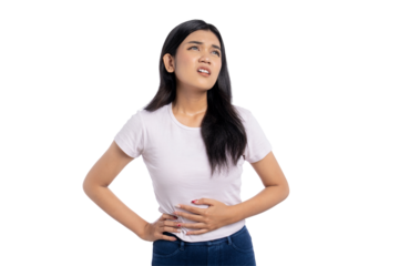 Uncomfortable young Asian woman touching stomach with pained expression, experiencing abdominal discomfort, isolated on transparent background