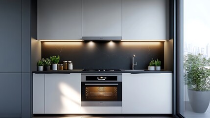 Small kitchen nook featuring silver built-in oven, flat matte white cabinets, black tile backsplash, monochromatic decor and subtle track lighting above. Created Using: Scandinavian monochrome design,