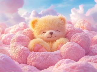 Fototapeta premium Sweet Teddy Bear Dreaming in Pastel Pink Cloudscape