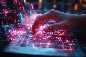 Hand Typing on Laptop Keyboard with Holographic Document Icons and Modern Technology