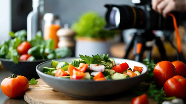 Freshly prepared vegetable salad with food photographer setup image closeup. Bowl with veggies dish close-up photography. Vegetarian recipe. Content creation concept photo realistic