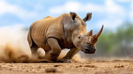 Fototapeta premium Rhino charging across the dry savannah during golden hour
