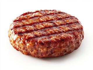 Juicy grilled hamburger patty on a white background ready for a meal