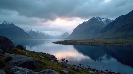 A panoramic view of a Norwegian location during dawn with overcast skies, capturing a tranquil atmosphere.