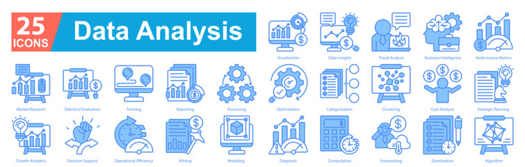Data Analysis Icon Sheet vector line style Visualization, Data Insights, Trend Analysis, Business Intelligence, Performance Metrics, Market Research, Statistical Evaluation, Tracking, Reporting