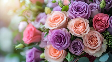 Obraz premium Floral bouquet with pink and purple roses and lush leaves.