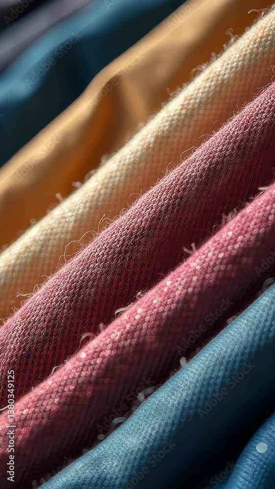 Poster A row of colorful fabric with a pink and blue stripe. The fabric is folded and has a fuzzy texture