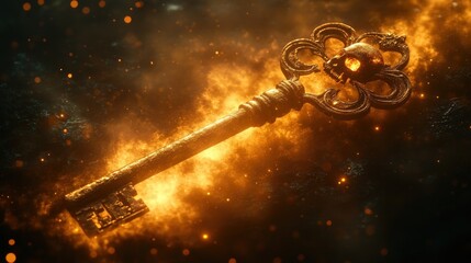 Antique Skeleton Key with Skull Design in Ethereal Light, Afterlife Concept