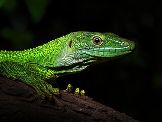 Obraz premium Bright green lizard perched on a branch in a natural setting