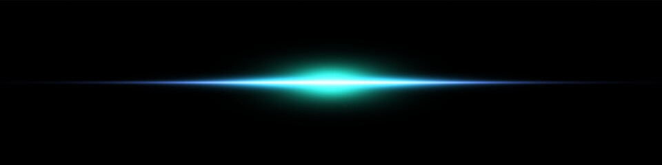 Bright horizontal beam of light on black background. Glowing laser effect creating futuristic and sci-fi aesthetics. Suitable for technology, energy, speed and digital design themes.