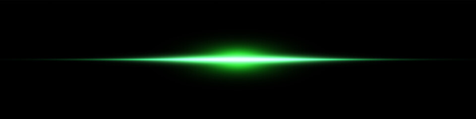 Bright horizontal beam of light on black background. Glowing laser effect creating futuristic and sci-fi aesthetics. Suitable for technology, energy, speed and digital design themes.