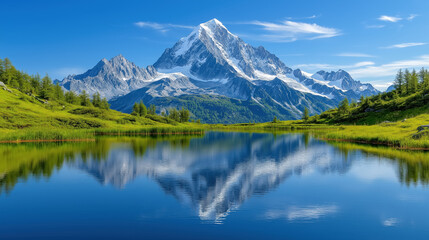 Stunning alpine landscape with snow-capped mountain and lake