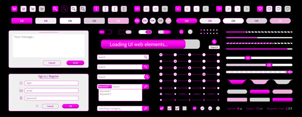 Fototapeta premium Black purple 3d ui user interface webpage phone app button template vector design. Creative web application elements icons illustration set. 