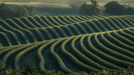 Fototapeta premium Serpentine rows of crops create a beautiful agricultural landscape scene