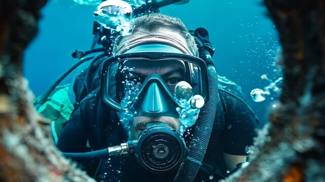 Intense scuba diver gazes through rusty underwater opening.