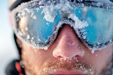 Fototapeta premium Snow-covered goggles and frozen facial hair highlight the challenges of extreme cold weather during winter sports adventures