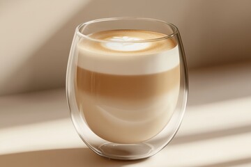 Warm coffee drink with creamy layers in a glass cup illuminated by soft sunlight during late afternoon