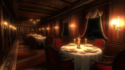 A cruise ships dining hall set for an elegant dinner, featuring candlelit tables and fine china.