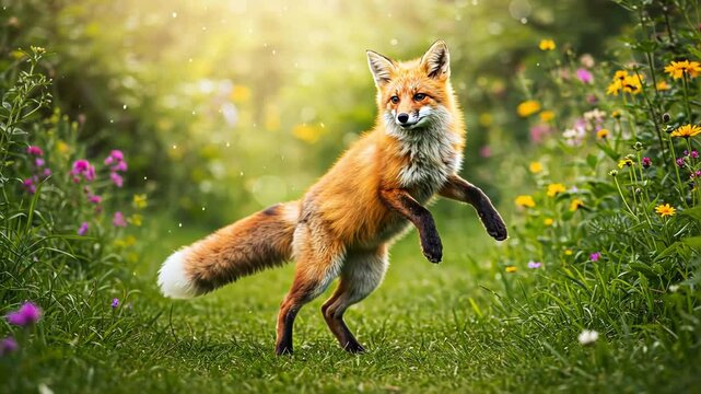 fox in the grass with many fireflies