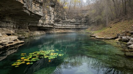 A crystal-clear lagoon nestled between towering limestone cliffs.
