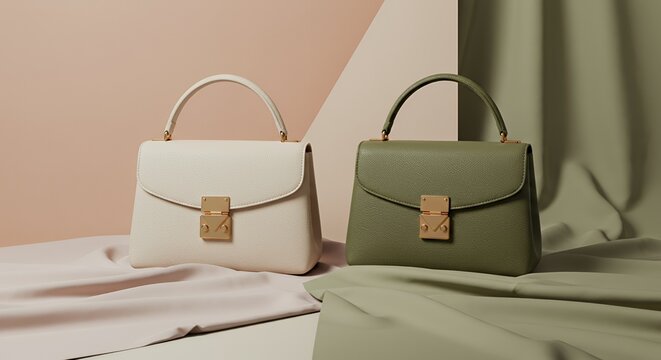 Elegant Ivory And Olive Green Leather Handbags On Pastel Fabric