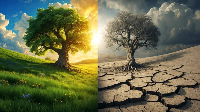 A concept video of global warming illustrating the impact of dry land with tree adaptation.