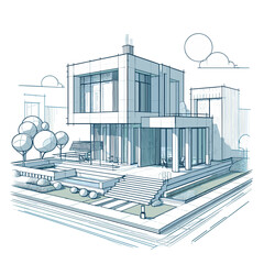 Modern minimalist house architectural sketch in blue tones with landscaping. Perfect for real estate marketing, architectural services, and modern home design inspiration.