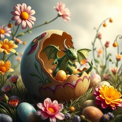 Easter egg in the grass with a green dragon