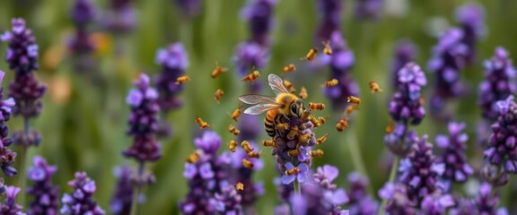 Fototapeta premium Golden bee swarm encircling vibrant purple lavender field, vibrant, bloom
