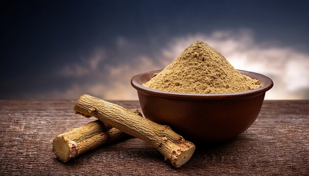 ayurvedic mulethi or liquorice root stick or jeshthamadh powder served in a bowl over moody background