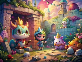 Naklejka premium Kawaii Fairy Tale Characters: Princess, Prince, Unicorn & Dragon - Cute Baby Illustration