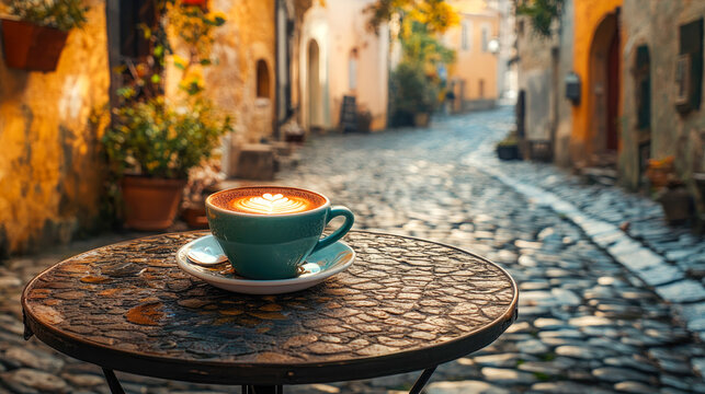 Fototapeta A cup of coffee on a table in italy street for morning coffee break time