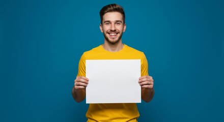 Smiling man holds blank sign.