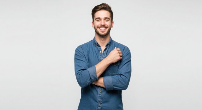 Happy man in denim shirt smiles confidently. - Powered by Adobe