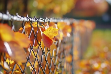 Vibrant autumn leaves cling to a chain-link fence, capturing the essence of fall in a serene park setting, with a blurred background of colorful foliage and soft sunlight
