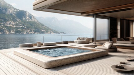 Fototapeta premium A luxurious cruise ship suite with an open-air terrace and a private jacuzzi overlooking the ocean.