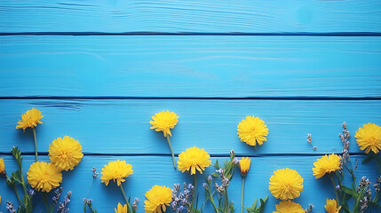 Obraz premium Yellow flowers on blue wood background, spring