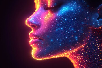 Futuristic Digital Head Graphic with Neon Particles and Abstract Technology Design