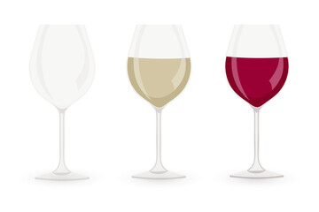 Three transparent glasses for wine. Realistic Vector Illustration of a Glass Set Featuring Different Types of Wine Glasses in Various Colors and Designs