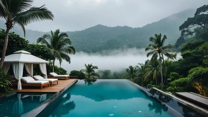 A breathtaking swimming pool located within the vibrant foliage. Calm waters mirroring the allure of the tropical environment.