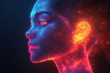 Futuristic Digital Wireframe Head Vibrant Neon Design Artificial Intelligence