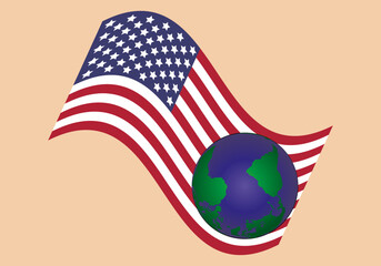 Aranceles de USA impacto mundial. El mundo en manos de EEUU. Bandera de EEUU  ondeando con el planeta en su poder.  © Montsilus