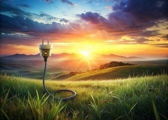 Landscape Photography: Electrical Plug in Scenic Meadow, Sunset, Power, Energy, Nature