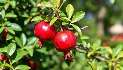 Close-Up of Fresh Pomegranate Fruits on a Branch Surrounded by Green Leaves in Sunlight